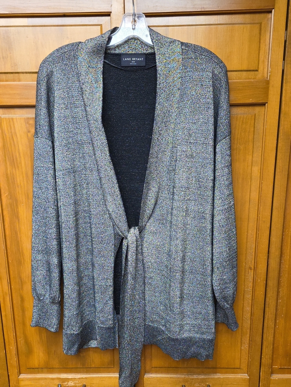 Lane Bryant Metallic Shimmer Tie-Front Cardigan Gold Silver Black Sz 18/20
